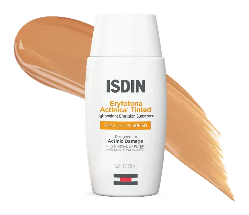 White bottle with orange lettering in front of a swatch of tinted cream